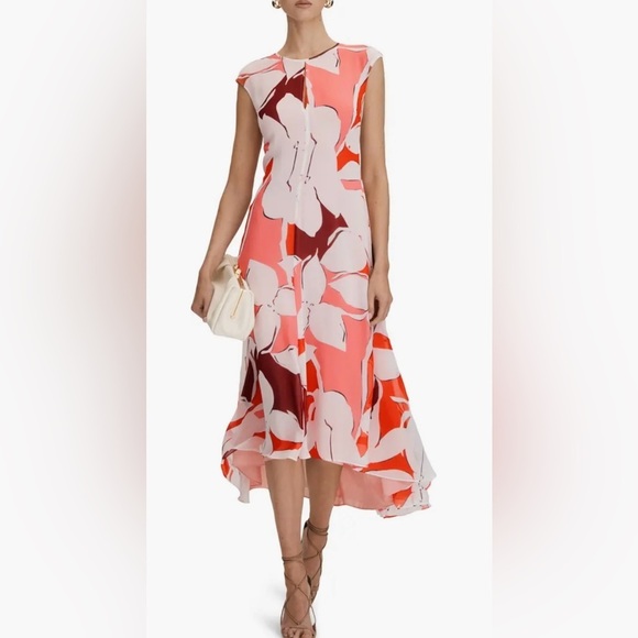 NEW Reiss Chiffon Becci Floral chiffon High-Low Midi open Back Dress Sz 8 - Picture 2 of 7